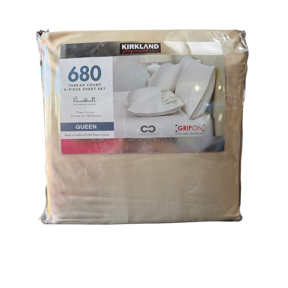 Kirkland Signature 680 Thread Count 6-Piece Pima Cotton Sheet Set, Queen beige